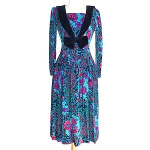 Vintage Misty Lane Floral Dress with Velvet Collar and Bow 100% Rayon